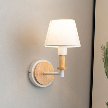 Скандинавски дървени стенни лампи Нощна лампа Модерен стенен аплиц за спалня за четене Бял абажур Кормилна глава E27 Домашно осветление
