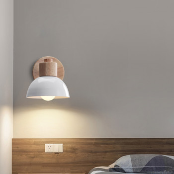 Скандинавски дървени стенни лампи Нощна лампа Модерен стенен аплиц за спалня за четене Бял абажур Кормилна глава E27 Домашно осветление