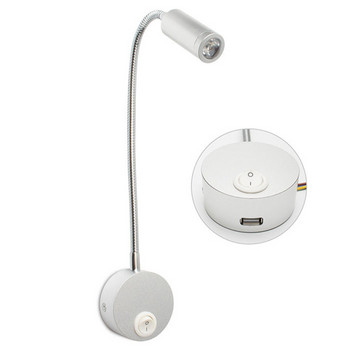 Черна, сребристо-бяла стенна лампа за четене с USB порт за зареждане 4000K 3W LED стенна лампа за нощно шкафче с гъвкаво гнездо