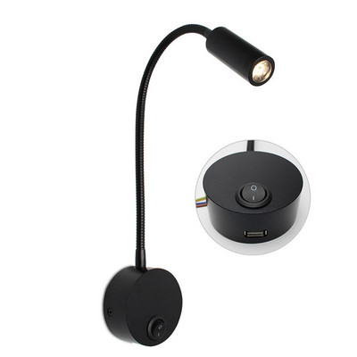 Lumină de lectură cu montare pe perete, negru argintiu, alb, cu port de încărcare USB, 4000K, 3W, cu comutator de noptieră, lampă de perete cu gât de gâscă flexibil