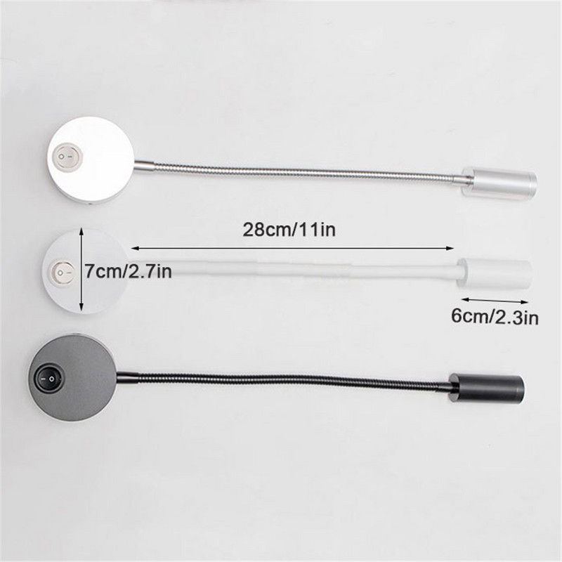 Lumină de lectură cu montare pe perete, negru argintiu, alb, cu port de încărcare USB, 4000K, 3W, cu comutator de noptieră, lampă de perete cu gât de gâscă flexibil