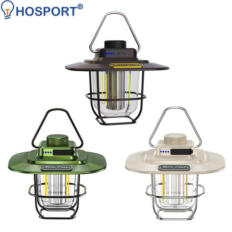 LED dekoratív függőlámpák Type-c Tölthető Retro kempingsátor lámpák akkumulátorjelző akasztóval szabályozható kültéri utazáshoz