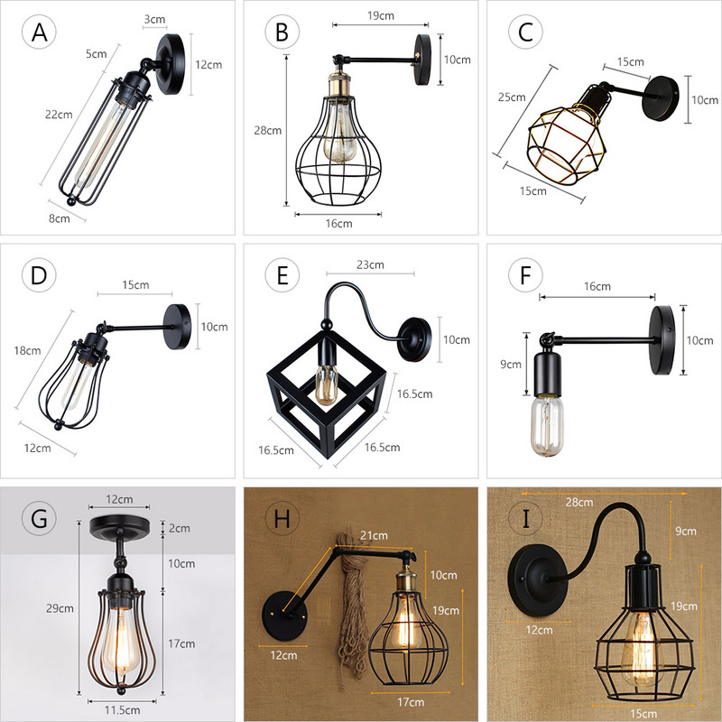 Lampă de perete industrială de epocă, lumină de perete americană pentru mansardă, abajur simplu, E27, aplice de protecție pentru cușcă, pentru magazinul de restaurant pe coridor