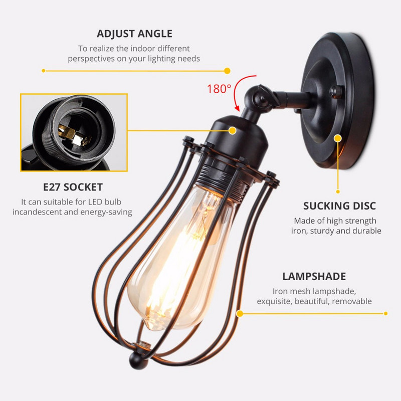 Lampă de perete industrială de epocă, lumină de perete americană pentru mansardă, abajur simplu, E27, aplice de protecție pentru cușcă, pentru magazinul de restaurant pe coridor
