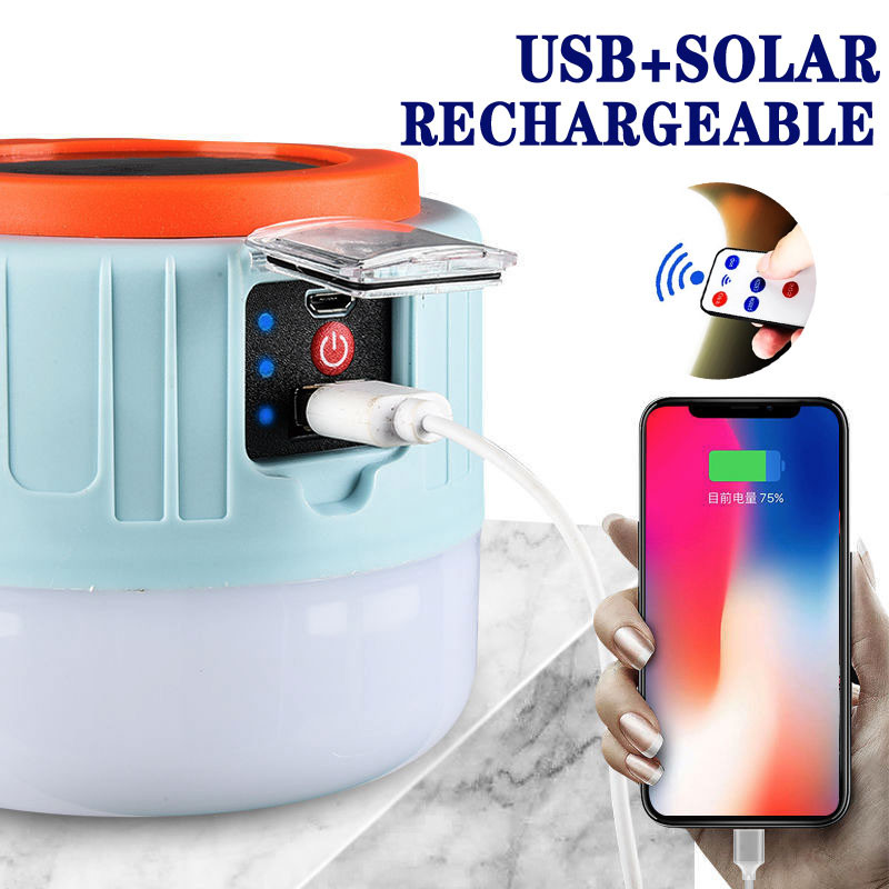 Újratölthető hordozható lámpák 1000 W napelemes LED-es kempinglámpa USB kültéri sátorlámpa hordozható vészvilágítás izzólámpa