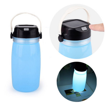 KHLITEC Външна сгъваема водоустойчива силиконова бутилка за вода за къмпинг с LED светлина, слънчева енергия или USB акумулаторна светлина