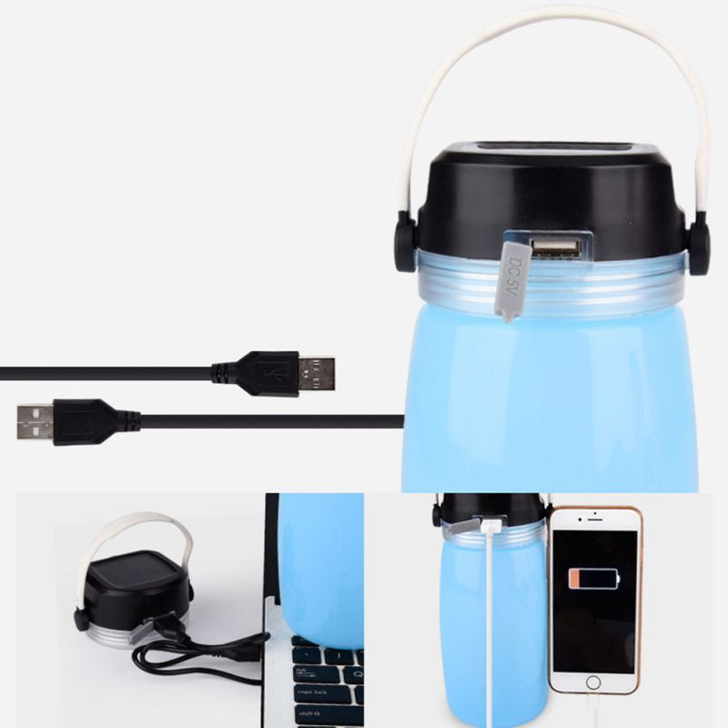 KHLITEC Sticla de apă din silicon, pliabilă, impermeabilă, pentru camping, cu lumină LED, energie solară sau lumină reîncărcabilă prin USB