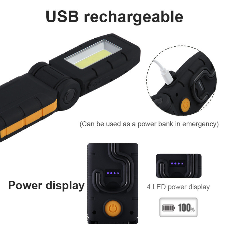 Magnētiskā LED darba lampa USB uzlādējama pārbaudes lampa COB LED zibspuldzes kabatas lukturītis regulējama darba gaisma ar magnēta āķi