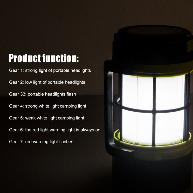 LED saulės energija maitinamas žibintuvėlis USB įkrovimas vandeniui atsparus stovyklavimo žibintas, avarinis maitinimo blokas 7 pavarų reguliuojama lauko įranga