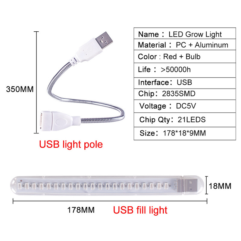 LED viso spektro augalų lempa USB auginimo šviesa lanksti LED augimo lemputė fito lempa gėlių sodinukų hidroponinis apšvietimas Fitolampy