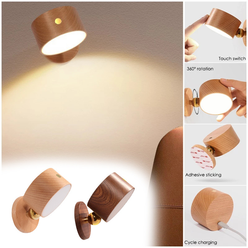 Lugemislambid Puidust seinavalgustid LED voodi kõrval Magamistoa Hämardatav seinalamp Elutuba 360° Pööratav puutetundlik pildivalgusti