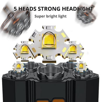 Επαναφορτιζόμενος προβολέας LED πέντε κεφαλών USB Super Bright 18650 ενσωματωμένος προβολέας μπαταρίας Φορητός φακός κεφαλής Φανάρι ψαρέματος