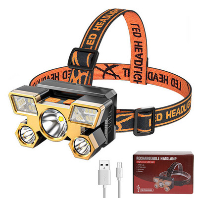 USB įkraunamas LED penkių galvučių priekinis žibintas Super Bright 18650 įmontuotas akumuliatorinis priekinis žibintas, nešiojamasis galvos žibintuvėlis žvejybos žibintas
