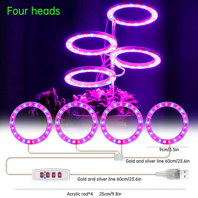 1-4 Angel Ring Grow Light növényekhez Led teljes spektrumú lámpa DC5V USB fitolámpa beltéri növények palántákhoz Home Virág Succculet