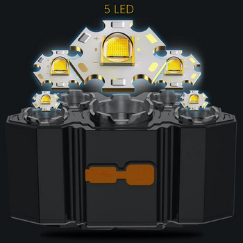 KDULIT Usb акумулаторна вградена батерия 5 Led силни фарове Супер ярки фенерчета за монтиране на главата Фенерче за риболов на открито