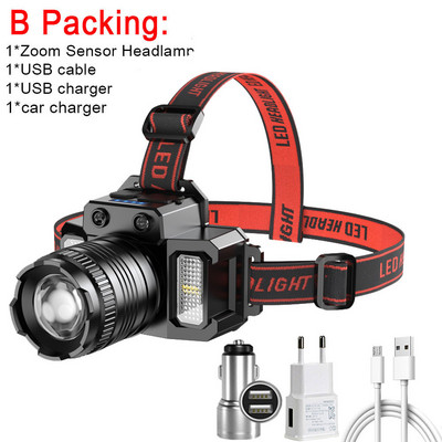 Įkraunamas priekinis žibintas 2000 mAh itin ryškus žibintuvėlis T51 indukcinis LED priekinis žibintas, atsparus vandeniui kempingo mobilusis maitinimo blokas, mirksi