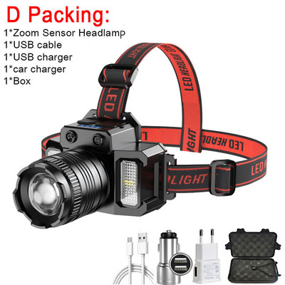 Įkraunamas priekinis žibintas 2000 mAh itin ryškus žibintuvėlis T51 indukcinis LED priekinis žibintas, atsparus vandeniui kempingo mobilusis maitinimo blokas, mirksi