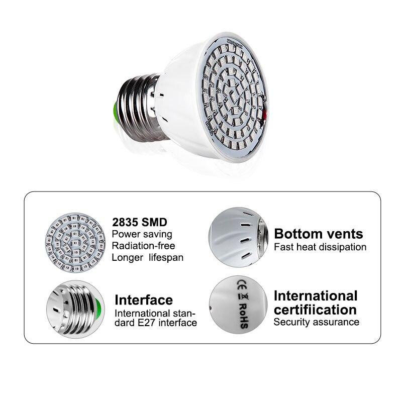 220V E27 fitolampas LED pilna spektra augšanas gaisma 60 LED augu audzēšanas spuldze siltumnīcas hidroponikas augšanas telts kastei Fitolampy