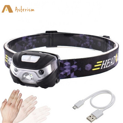 USB Mini LED nabíjateľná čelovka so snímačom pohybu, vodotesná kempingová baterka, prenosná čelová lampa