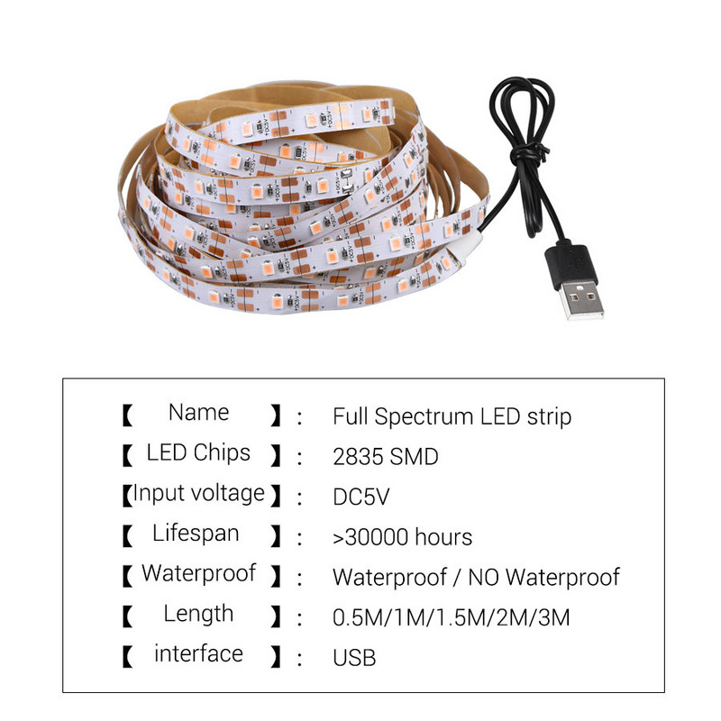 5V USB LED Grow Light teljes spektrumú LED szalag 2835 60LED/m Fito lámpa Asztali növénynövekedéshez Fény palánta virág növényi lámpa