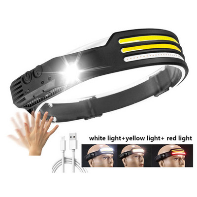 Lampă frontală cu inducție Lampă frontală COB LED cu baterie încorporată Lanternă frontală reîncărcabilă prin USB 5 moduri de iluminare Lampă frontală