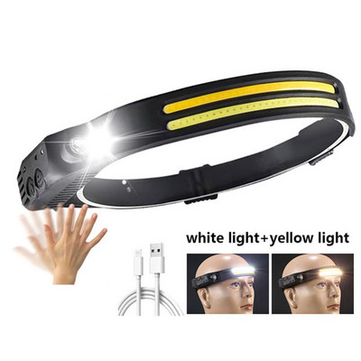 Lampă frontală cu inducție Lampă frontală COB LED cu baterie încorporată Lanternă frontală reîncărcabilă prin USB 5 moduri de iluminare Lampă frontală