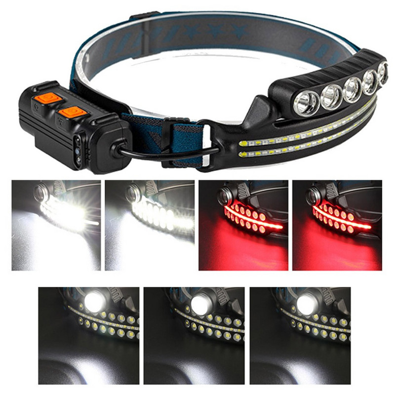 LED COB priekšējo lukturu sensora priekšējā luktura lukturītis ar iebūvētu akumulatoru USB uzlādējams galvas luktura darba lukturītis