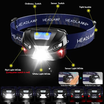 Мощен челник USB акумулаторен LED фар Сензор за движение на тялото Главно фенерче Вградена литиева батерия Факел Лампа