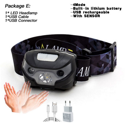 Lanternă puternică, reîncărcabilă prin USB, far cu LED-uri, cu senzor de mișcare, pentru cap, lanternă încorporată cu litiu, lampă pentru lanternă