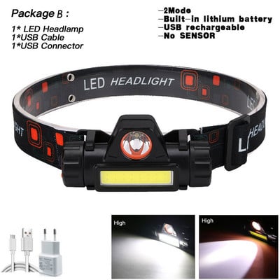 Lanternă puternică, reîncărcabilă prin USB, far cu LED-uri, cu senzor de mișcare, pentru cap, lanternă încorporată cu litiu, lampă pentru lanternă