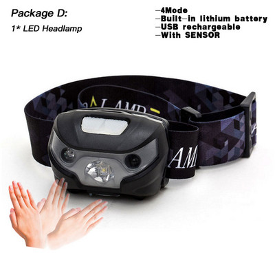 Lanternă puternică, reîncărcabilă prin USB, far cu LED-uri, cu senzor de mișcare, pentru cap, lanternă încorporată cu litiu, lampă pentru lanternă