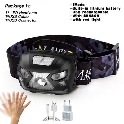Lanternă puternică, reîncărcabilă prin USB, far cu LED-uri, cu senzor de mișcare, pentru cap, lanternă încorporată cu litiu, lampă pentru lanternă