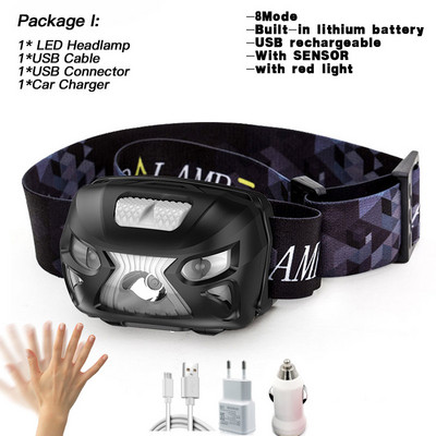 Lanternă puternică, reîncărcabilă prin USB, far cu LED-uri, cu senzor de mișcare, pentru cap, lanternă încorporată cu litiu, lampă pentru lanternă