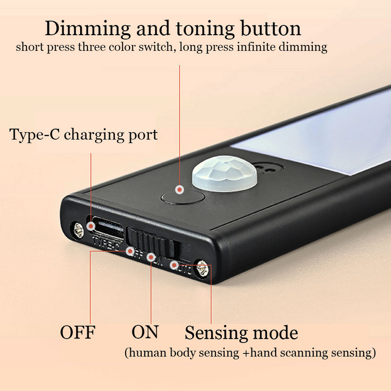 Ultra tenká LED nástenná lampa so senzorom pohybu a senzorom ručného zametania pod skrinku, lampa na šatník pre kuchynské skrinky