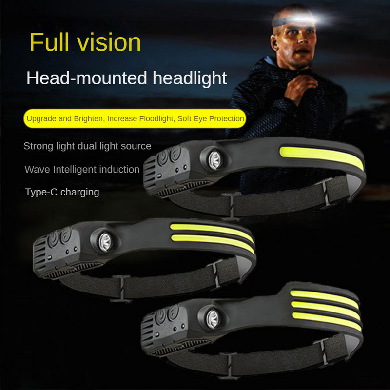 Lampă frontală cu LED Lampă frontală cu senzor COB Lampă frontală reîncărcabilă prin USB Lanternă 5 moduri de iluminare Lumină de lucru Lumină puternică Lumină de alergare pe timp de noapte