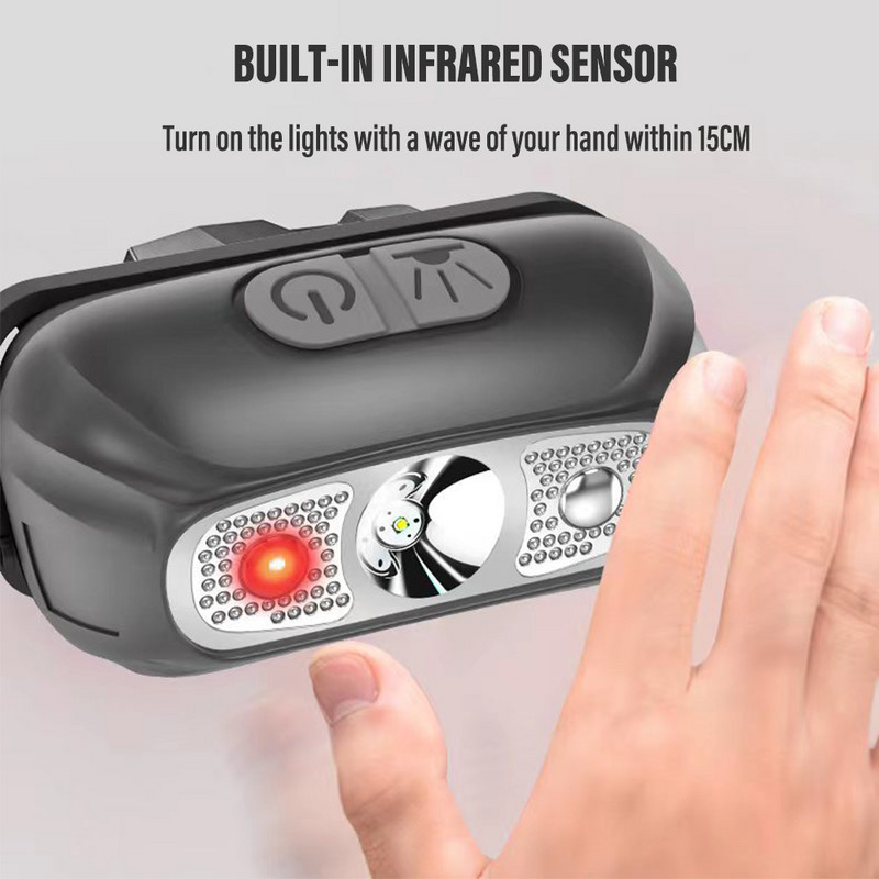 Nabíjateľná indukčná senzorová LED čelovka, vodotesná čelovka, ultraľahká lampa používaná na cyklistiku, kempovanie atď.