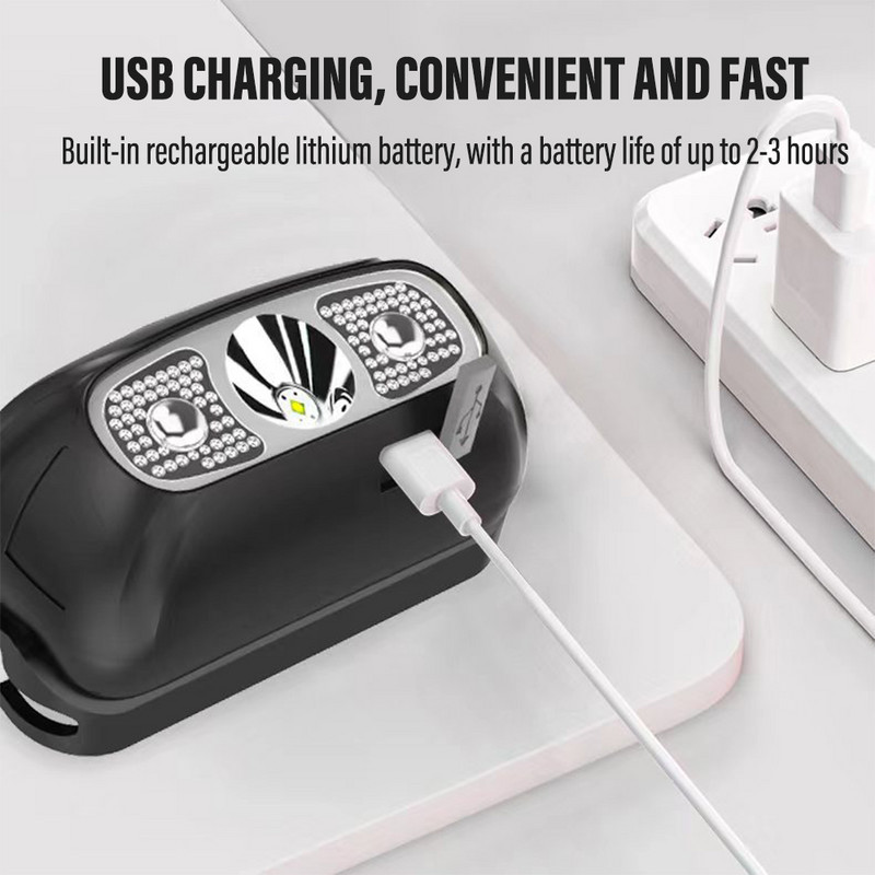 Nabíjateľná indukčná senzorová LED čelovka, vodotesná čelovka, ultraľahká lampa používaná na cyklistiku, kempovanie atď.