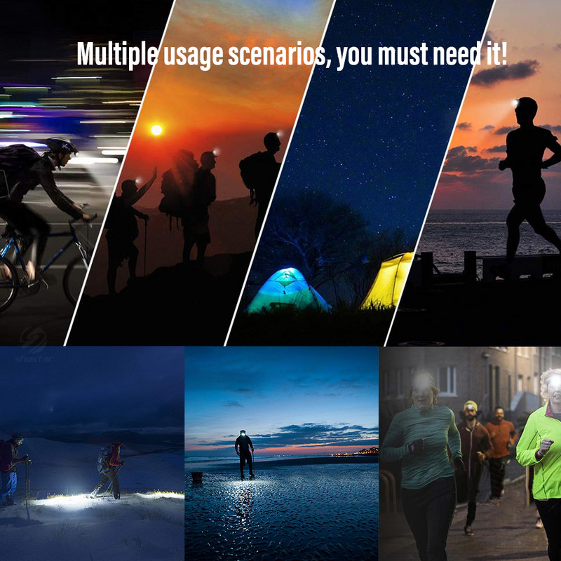 Nabíjateľná indukčná senzorová LED čelovka, vodotesná čelovka, ultraľahká lampa používaná na cyklistiku, kempovanie atď.