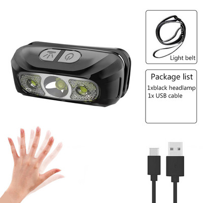 Mini újratölthető LED érzékelős fejlámpa Erőteljes fényszóró kemping horgászáshoz USB fejes zseblámpa kültéri lámpa hordozható zseblámpa