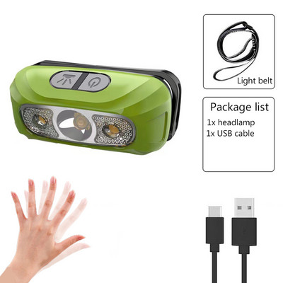 Mini újratölthető LED érzékelős fejlámpa Erőteljes fényszóró kemping horgászáshoz USB fejes zseblámpa kültéri lámpa hordozható zseblámpa