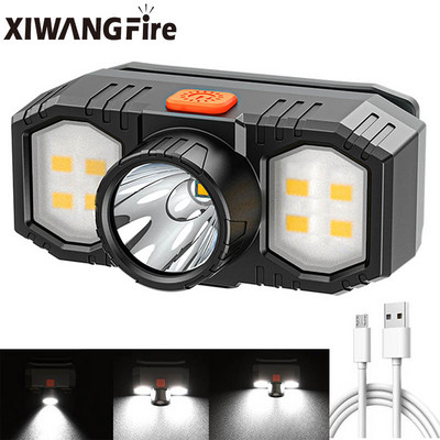 Jauns pārnēsājams Q5+COB LED galvenais lukturis ar iebūvētu 18650 bateriju, uzlādējamu USB mini zibspuldzes laternas āra kempinga priekšējais lukturis