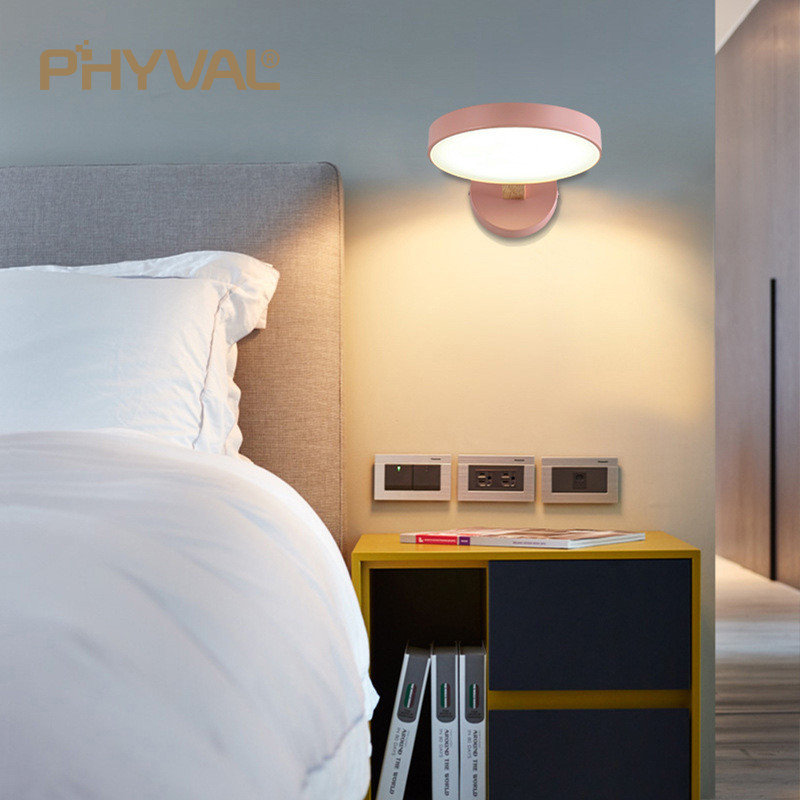 Nordic fali lámpák fa lámpatest lámpatest Modern éjjeli hálószoba lámpák kerek fa LED-es lámpák lakberendezési beltéri világítás