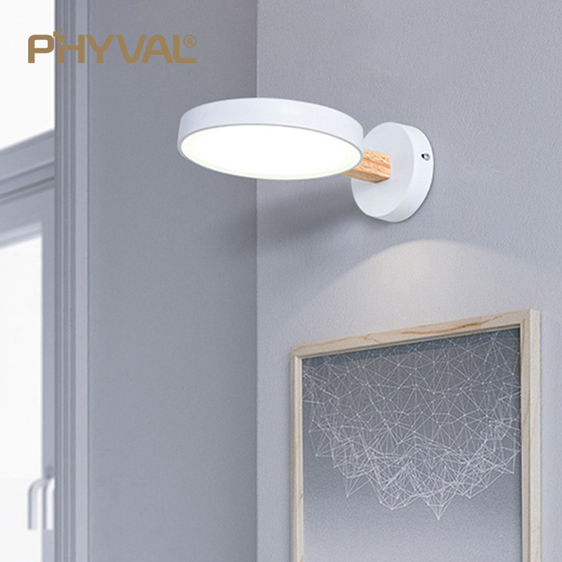 Nordic fali lámpák fa lámpatest lámpatest Modern éjjeli hálószoba lámpák kerek fa LED-es lámpák lakberendezési beltéri világítás