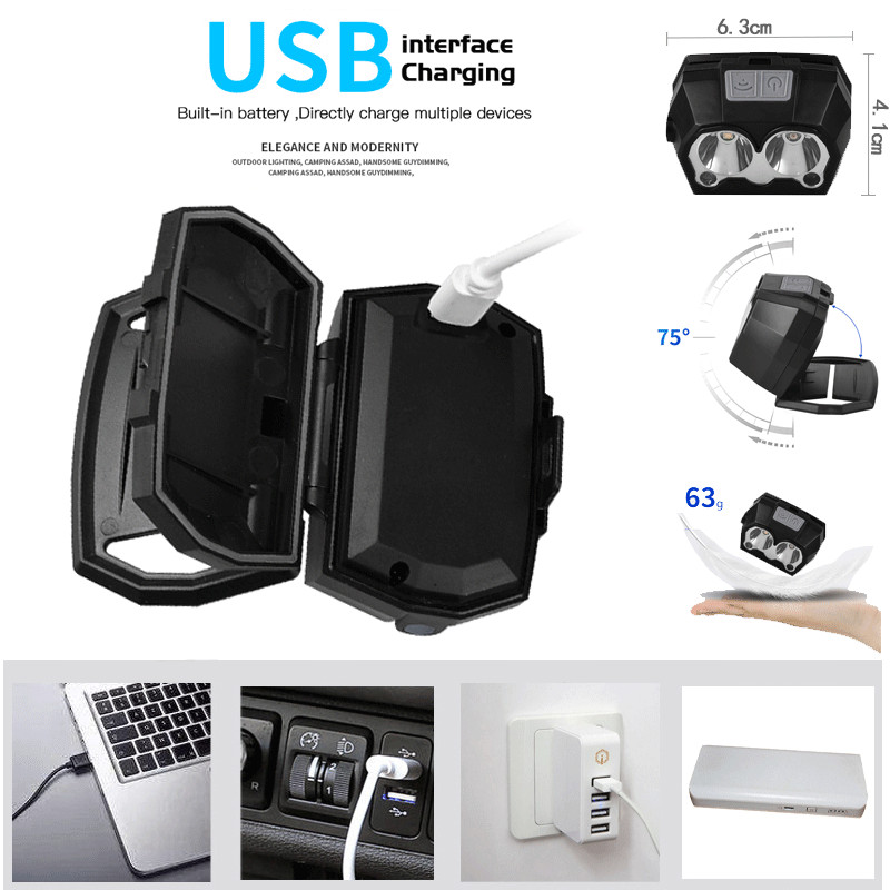 2020 8000LM USB nabíjateľná LED čelovka so vstavanou batériou a indukčným senzorom, 4-režimová LED čelovka na beh a rybolov