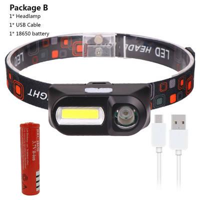 Mini COB LED svetlomet, čelovka, baterka, USB nabíjateľná 18650 baterka, nočné svetlomety