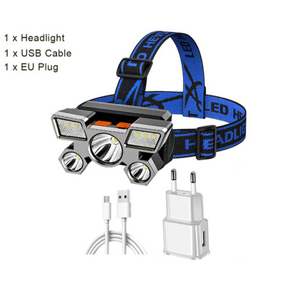 Pārnēsājams 5 LED galvenais lukturis, iebūvēts 14500 bateriju zibspuldzes USB uzlādējams galvas lukturītis āra kempinga makšķerēšanas lukturis