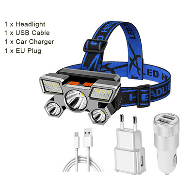Pārnēsājams 5 LED galvenais lukturis, iebūvēts 14500 bateriju zibspuldzes USB uzlādējams galvas lukturītis āra kempinga makšķerēšanas lukturis