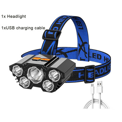Pārnēsājams 5 LED galvenais lukturis, iebūvēts 14500 bateriju zibspuldzes USB uzlādējams galvas lukturītis āra kempinga makšķerēšanas lukturis