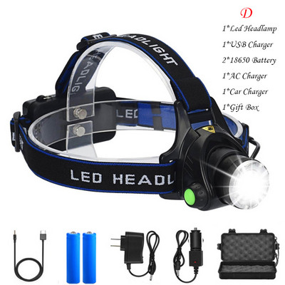 D2 8000LM LED USB-s fejlámpa 18650 újratölthető zseblámpa zoom fejlámpák vízálló homlokfényszórók vadászat bányászati horgászlámpák
