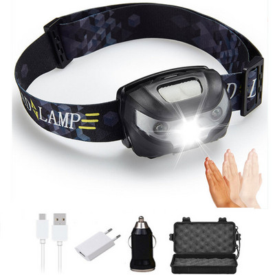 Mini LED priekšējais lukturis 6000LM ar ķermeņa kustības sensoru, USB uzlādējams priekšējais lukturis 4 režīmu kempinga kabatas lukturīša galvas gaismas lukturis